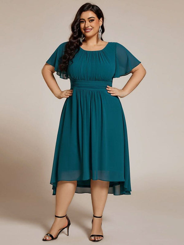 Flowy Chiffon Round Neckline A-Line Knee Length Bridesmaid Dress #color_Pink ever EDEN|Flowy Chiffon Round Neckline A-Line Knee Length Bridesmaid Dress