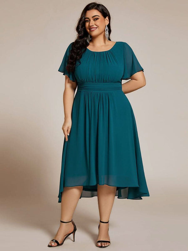Flowy Chiffon Round Neckline A-Line Knee Length Bridesmaid Dress #color_Pink ever EDEN|Flowy Chiffon Round Neckline A-Line Knee Length Bridesmaid Dress