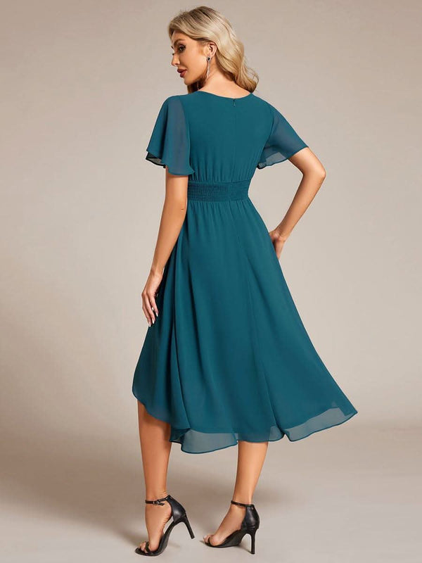 Flowy Chiffon Round Neckline A-Line Knee Length Bridesmaid Dress #color_Pink ever EDEN|Flowy Chiffon Round Neckline A-Line Knee Length Bridesmaid Dress