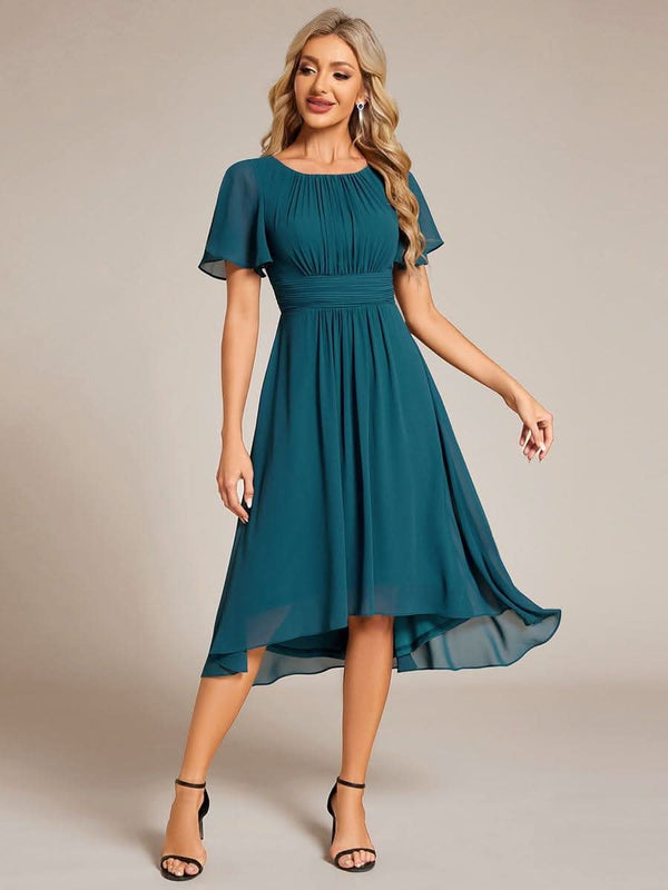 Flowy Chiffon Round Neckline A-Line Knee Length Bridesmaid Dress #color_Pink ever EDEN|Flowy Chiffon Round Neckline A-Line Knee Length Bridesmaid Dress