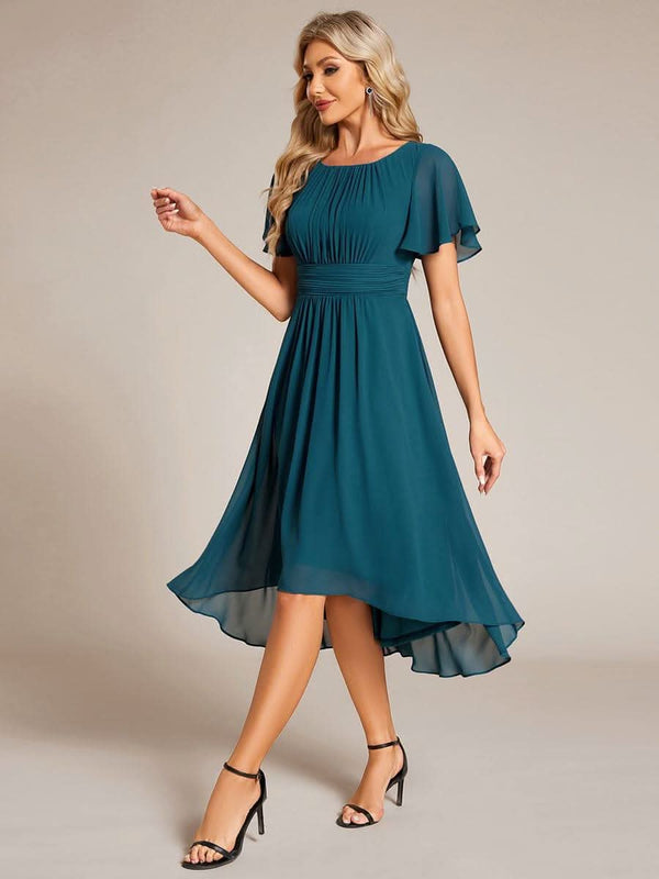 Flowy Chiffon Round Neckline A-Line Knee Length Bridesmaid Dress #color_Pink ever EDEN|Flowy Chiffon Round Neckline A-Line Knee Length Bridesmaid Dress