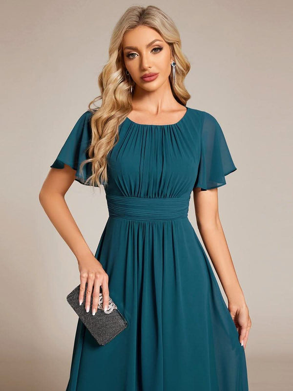 Flowy Chiffon Round Neckline A-Line Knee Length Bridesmaid Dress #color_Pink ever EDEN|Flowy Chiffon Round Neckline A-Line Knee Length Bridesmaid Dress