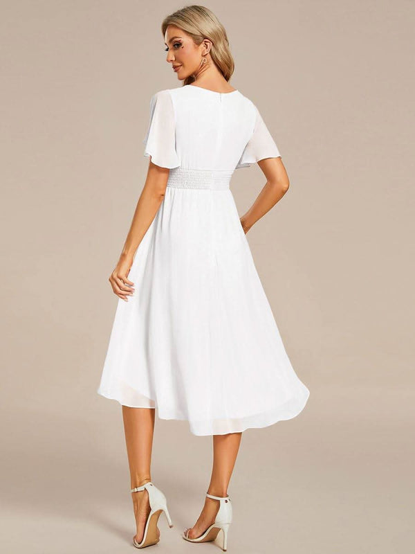 Flowy Chiffon Round Neckline A-Line Knee Length Bridesmaid Dress #color_Pink ever EDEN|Flowy Chiffon Round Neckline A-Line Knee Length Bridesmaid Dress