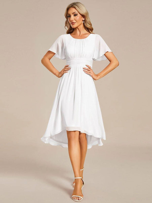 Flowy Chiffon Round Neckline A-Line Knee Length Bridesmaid Dress #color_Pink ever EDEN|Flowy Chiffon Round Neckline A-Line Knee Length Bridesmaid Dress