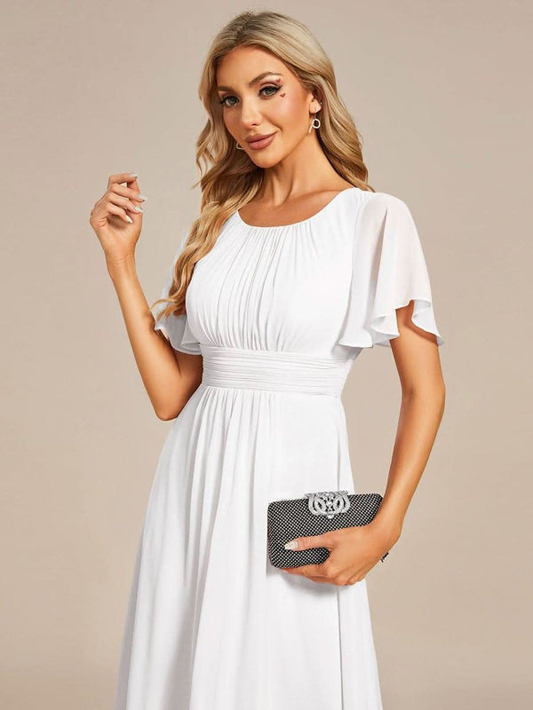 Flowy Chiffon Round Neckline A-Line Knee Length Bridesmaid Dress #color_Pink ever EDEN|Flowy Chiffon Round Neckline A-Line Knee Length Bridesmaid Dress