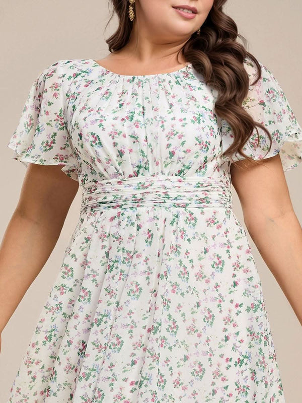 Flowy Chiffon Round Neckline A-Line Knee Length Bridesmaid Dress #color_Pink ever EDEN|Flowy Chiffon Round Neckline A-Line Knee Length Bridesmaid Dress