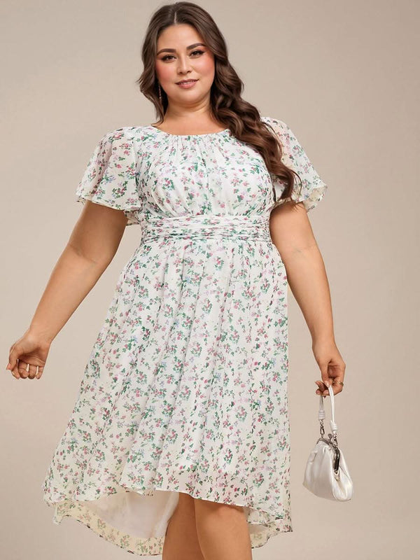 Flowy Chiffon Round Neckline A-Line Knee Length Bridesmaid Dress #color_Pink ever EDEN|Flowy Chiffon Round Neckline A-Line Knee Length Bridesmaid Dress