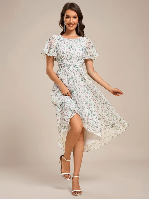 Flowy Chiffon Round Neckline A-Line Knee Length Bridesmaid Dress #color_Pink ever EDEN|Flowy Chiffon Round Neckline A-Line Knee Length Bridesmaid Dress