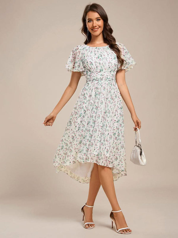 Flowy Chiffon Round Neckline A-Line Knee Length Bridesmaid Dress #color_Pink ever EDEN|Flowy Chiffon Round Neckline A-Line Knee Length Bridesmaid Dress