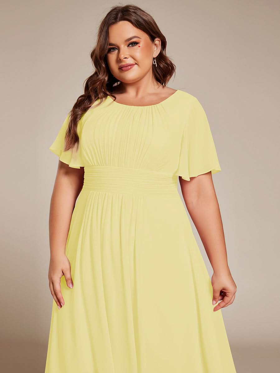 Flowy Chiffon Round Neckline A-Line Knee Length Bridesmaid Dress #color_Yellow
