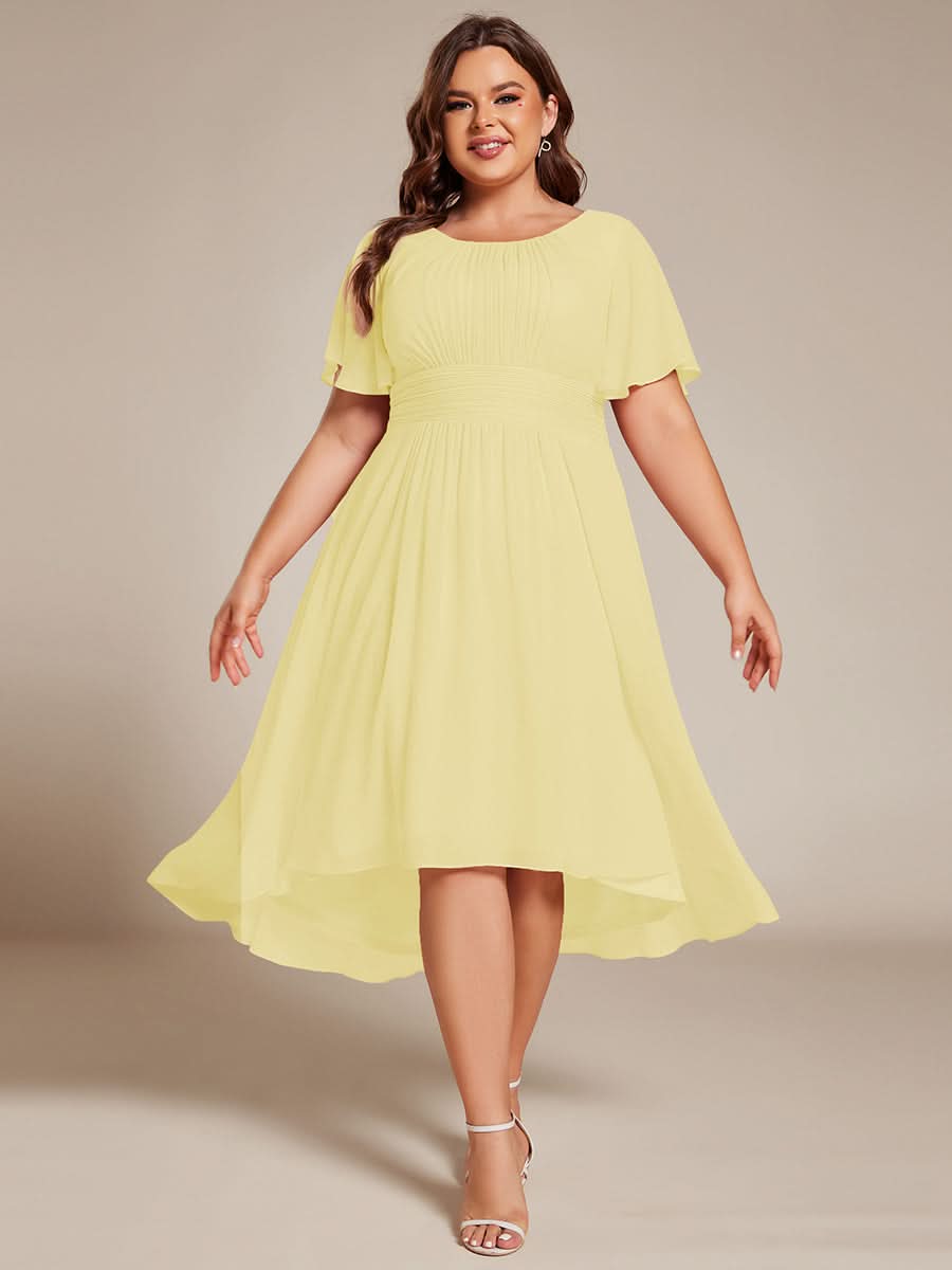 Flowy Chiffon Round Neckline A-Line Knee Length Bridesmaid Dress #color_Yellow