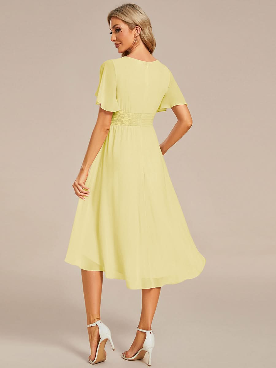 Flowy Chiffon Round Neckline A-Line Knee Length Bridesmaid Dress #color_Yellow