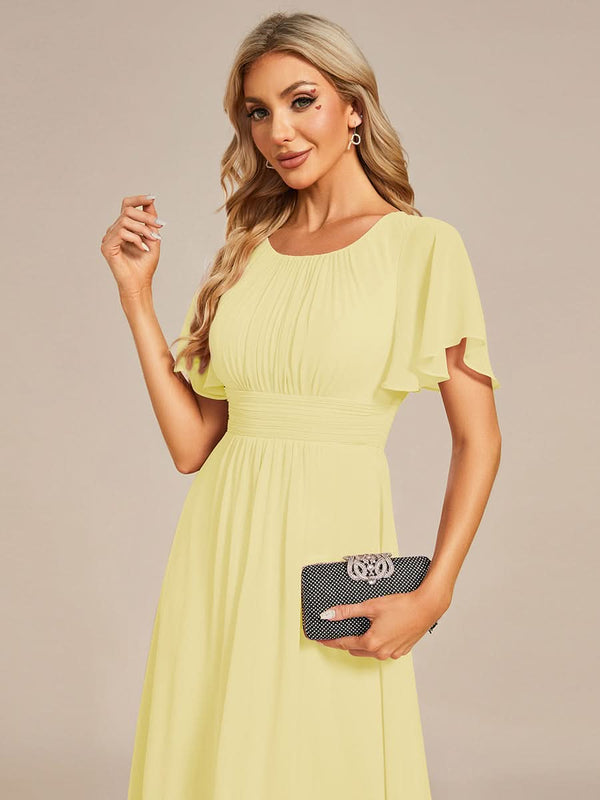 Flowy Chiffon Round Neckline A-Line Knee Length Bridesmaid Dress #color_Pink ever EDEN|Flowy Chiffon Round Neckline A-Line Knee Length Bridesmaid Dress
