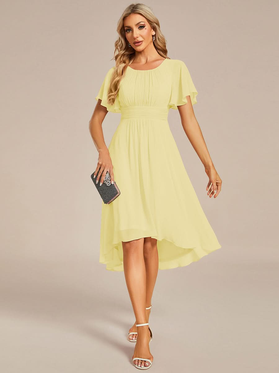 Flowy Chiffon Round Neckline A-Line Knee Length Bridesmaid Dress #color_Yellow