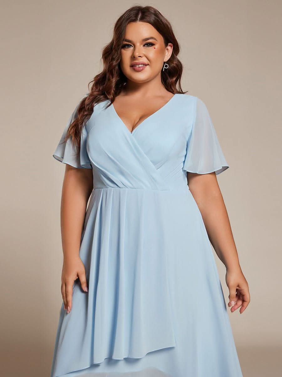 Pleated Chiffon Ruffles Sleeve Midi Bridesmaid Dress #color_Sky Blue
