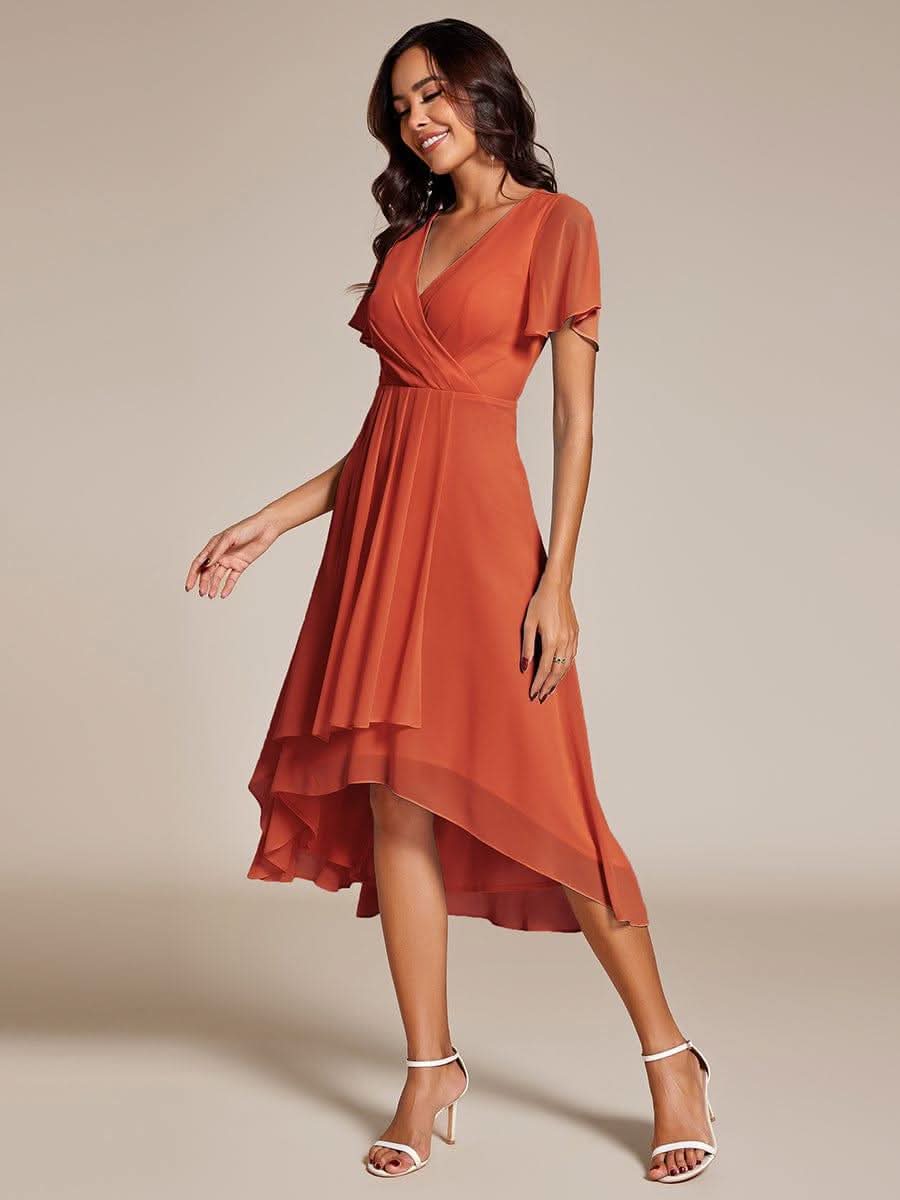 Pleated Chiffon Ruffles Sleeve Midi Bridesmaid Dress #color_Burnt Orange