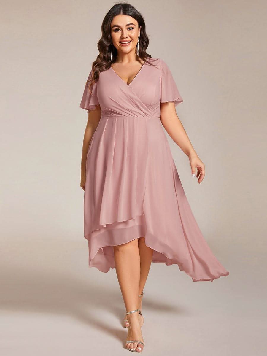 Flowy Ruffles Sleeve V-Neck A-Line Midi Chiffon Wedding Guest Dress #color_Dusty Rose