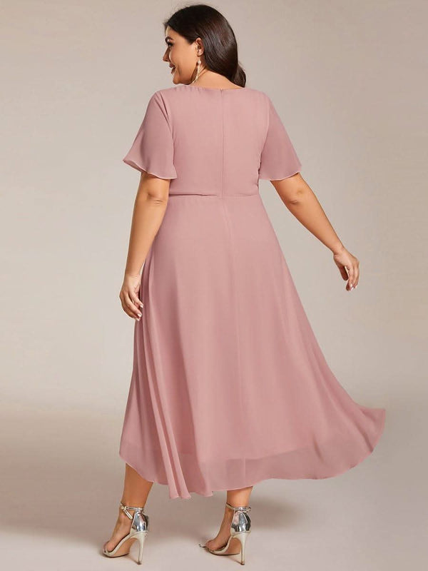 Flowy Ruffles Sleeve V-Neck A-Line Midi Chiffon Wedding Guest Dress #color_Teal ever LARK|Flowy Ruffles Sleeve V-Neck A-Line Midi Chiffon Wedding Guest Dress