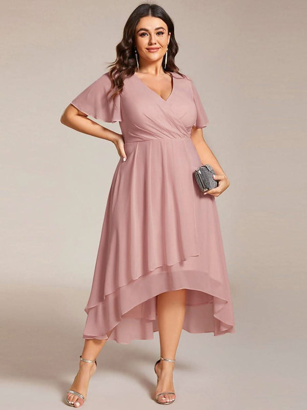 Flowy Ruffles Sleeve V-Neck A-Line Midi Chiffon Wedding Guest Dress #color_Teal ever LARK|Flowy Ruffles Sleeve V-Neck A-Line Midi Chiffon Wedding Guest Dress