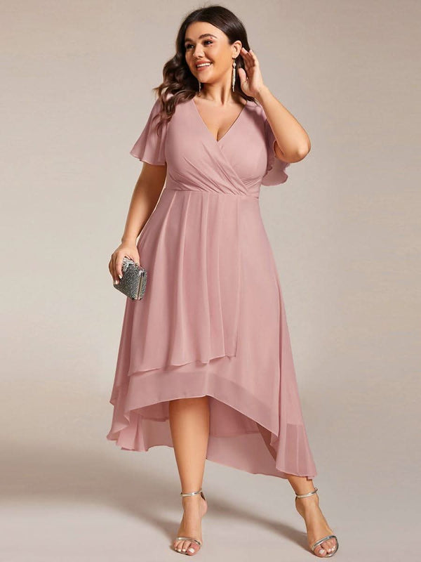 Flowy Ruffles Sleeve V-Neck A-Line Midi Chiffon Wedding Guest Dress #color_Teal ever LARK|Flowy Ruffles Sleeve V-Neck A-Line Midi Chiffon Wedding Guest Dress