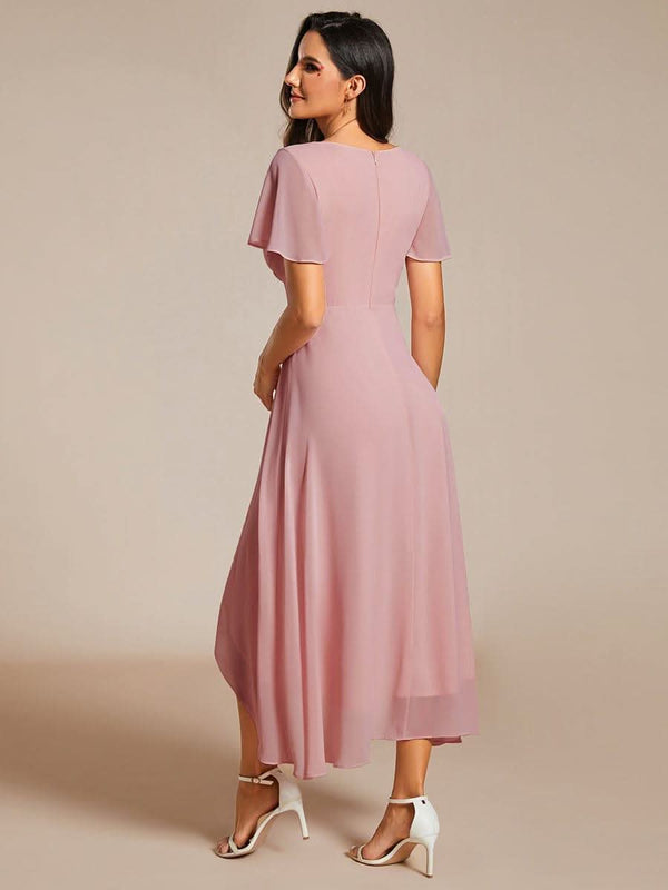 Flowy Ruffles Sleeve V-Neck A-Line Midi Chiffon Wedding Guest Dress #color_Teal ever LARK|Flowy Ruffles Sleeve V-Neck A-Line Midi Chiffon Wedding Guest Dress