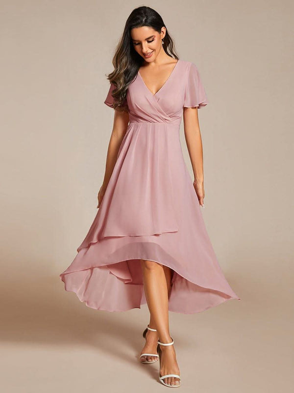 Flowy Ruffles Sleeve V-Neck A-Line Midi Chiffon Wedding Guest Dress #color_Teal ever LARK|Flowy Ruffles Sleeve V-Neck A-Line Midi Chiffon Wedding Guest Dress