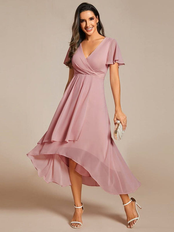 Flowy Ruffles Sleeve V-Neck A-Line Midi Chiffon Wedding Guest Dress #color_Teal ever LARK|Flowy Ruffles Sleeve V-Neck A-Line Midi Chiffon Wedding Guest Dress