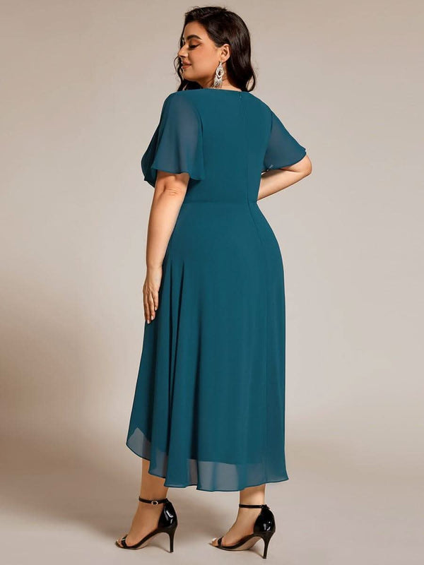 Flowy Ruffles Sleeve V-Neck A-Line Midi Chiffon Wedding Guest Dress #color_Teal ever LARK|Flowy Ruffles Sleeve V-Neck A-Line Midi Chiffon Wedding Guest Dress