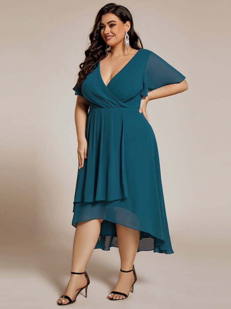 Flowy Ruffles Sleeve V-Neck A-Line Midi Chiffon Wedding Guest Dress #color_Teal