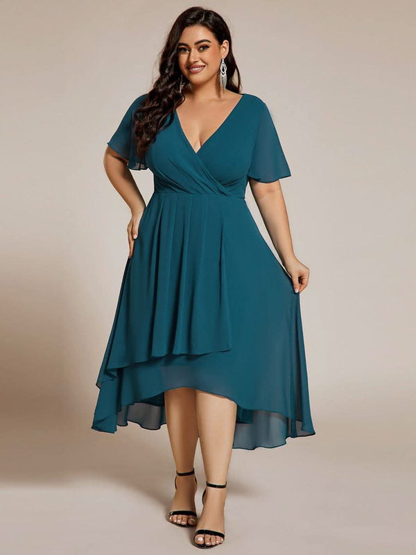 Flowy Ruffles Sleeve V-Neck A-Line Midi Chiffon Wedding Guest Dress #color_Teal ever LARK|Flowy Ruffles Sleeve V-Neck A-Line Midi Chiffon Wedding Guest Dress