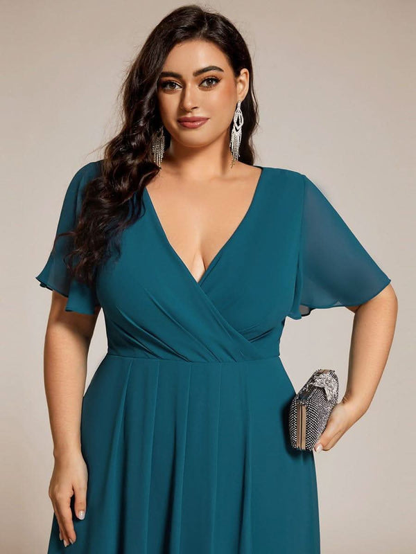 Flowy Ruffles Sleeve V-Neck A-Line Midi Chiffon Wedding Guest Dress #color_Teal ever LARK|Flowy Ruffles Sleeve V-Neck A-Line Midi Chiffon Wedding Guest Dress