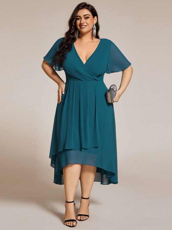 Flowy Ruffles Sleeve V-Neck A-Line Midi Chiffon Wedding Guest Dress #color_Teal ever LARK|Flowy Ruffles Sleeve V-Neck A-Line Midi Chiffon Wedding Guest Dress