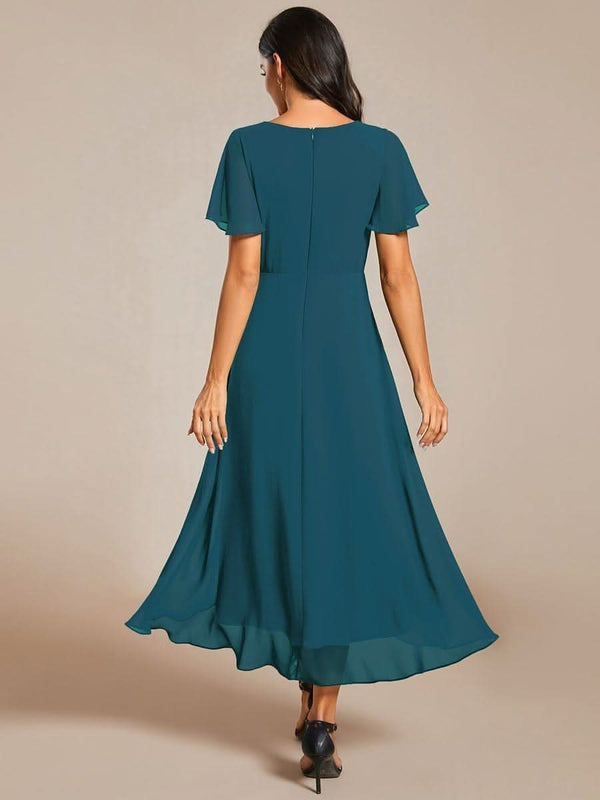 Flowy Ruffles Sleeve V-Neck A-Line Midi Chiffon Wedding Guest Dress #color_Teal ever LARK|Flowy Ruffles Sleeve V-Neck A-Line Midi Chiffon Wedding Guest Dress
