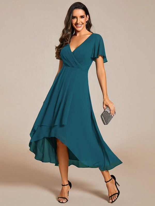 Flowy Ruffles Sleeve V-Neck A-Line Midi Chiffon Wedding Guest Dress #color_Teal ever LARK|Flowy Ruffles Sleeve V-Neck A-Line Midi Chiffon Wedding Guest Dress