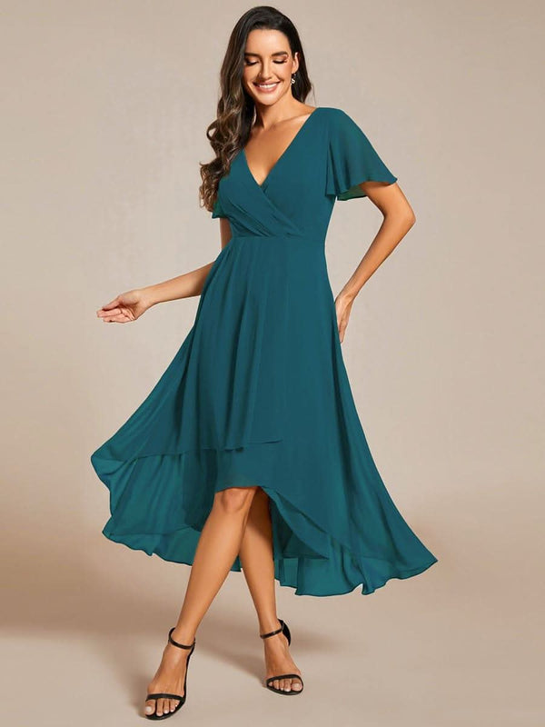 Flowy Ruffles Sleeve V-Neck A-Line Midi Chiffon Wedding Guest Dress #color_Teal ever LARK|Flowy Ruffles Sleeve V-Neck A-Line Midi Chiffon Wedding Guest Dress