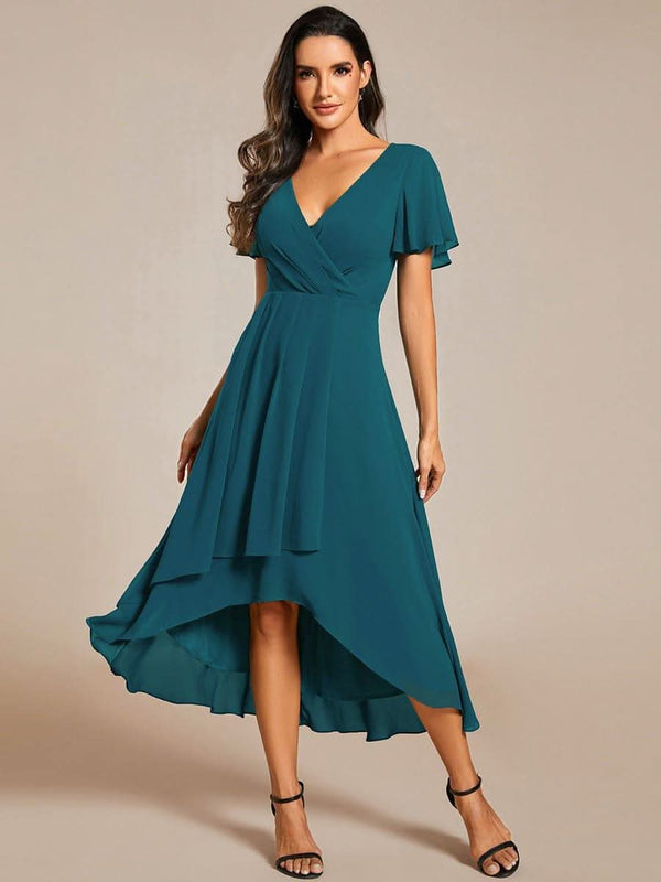 Flowy Ruffles Sleeve V-Neck A-Line Midi Chiffon Wedding Guest Dress #color_Teal ever LARK|Flowy Ruffles Sleeve V-Neck A-Line Midi Chiffon Wedding Guest Dress