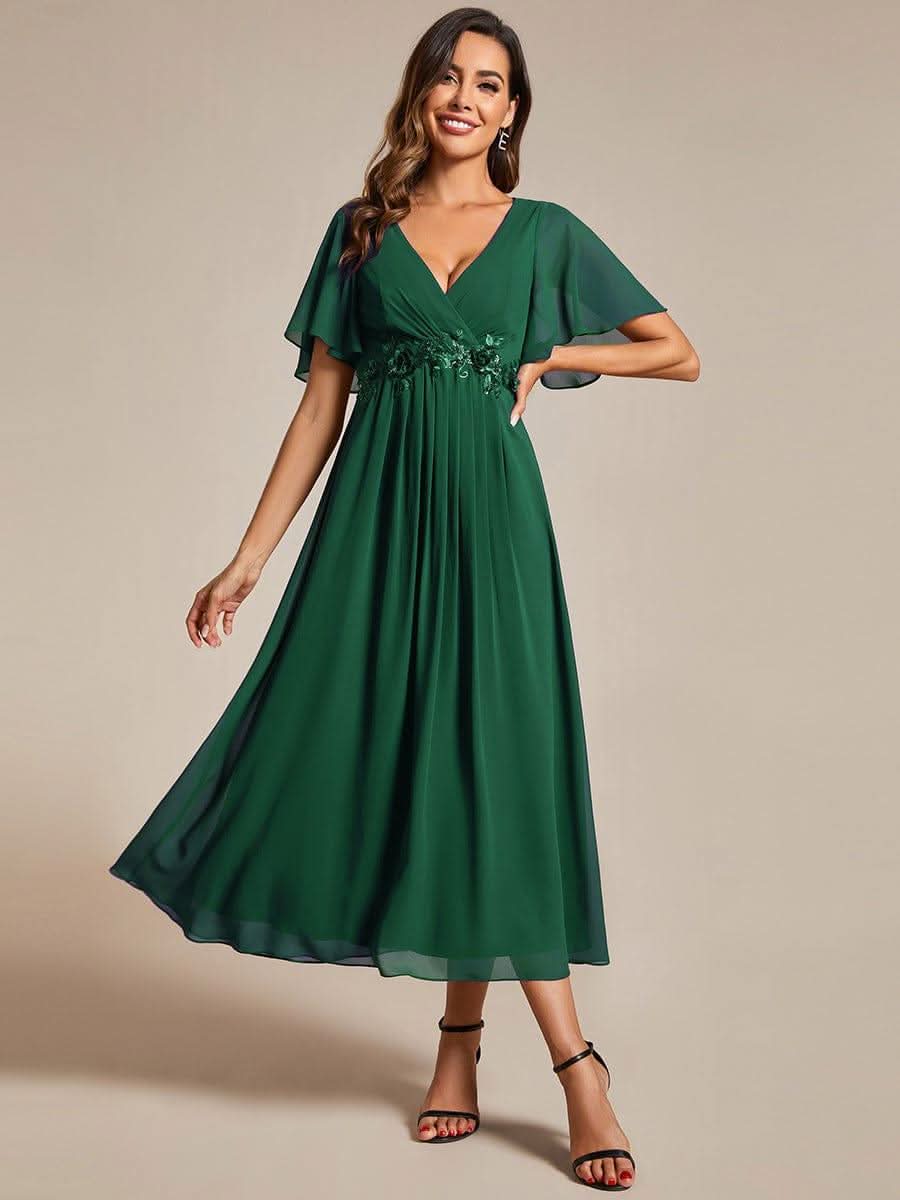 Short Sleeves V-Neck Tea Length Wedding Guest Dress with Floral Applique #color_Dark Green
