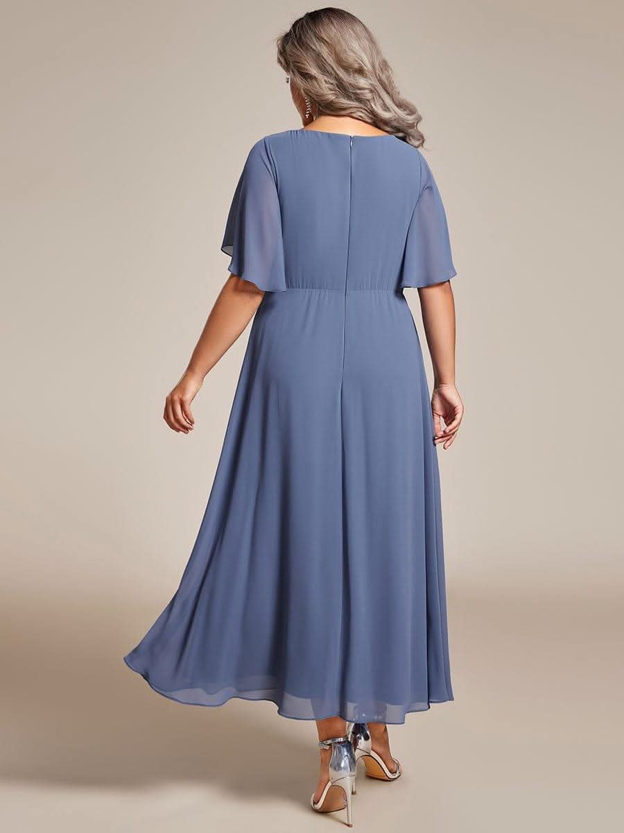 Short Sleeves V-Neck Tea Length Wedding Guest Dress with Floral Applique #color_Dusty Blue