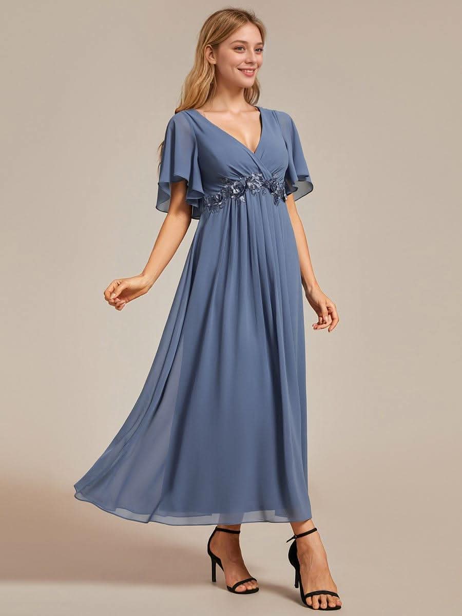 Short Sleeves V-Neck Tea Length Wedding Guest Dress with Floral Applique #color_Dusty Blue