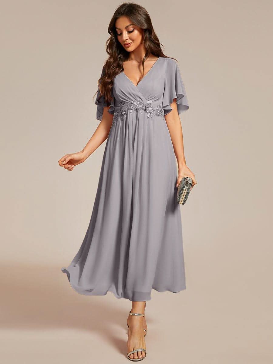 Short Sleeves V-Neck Tea Length Wedding Guest Dress with Floral Applique #color_Grey