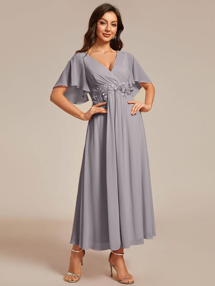 Short Sleeves V-Neck Tea Length Wedding Guest Dress with Floral Applique #color_Grey