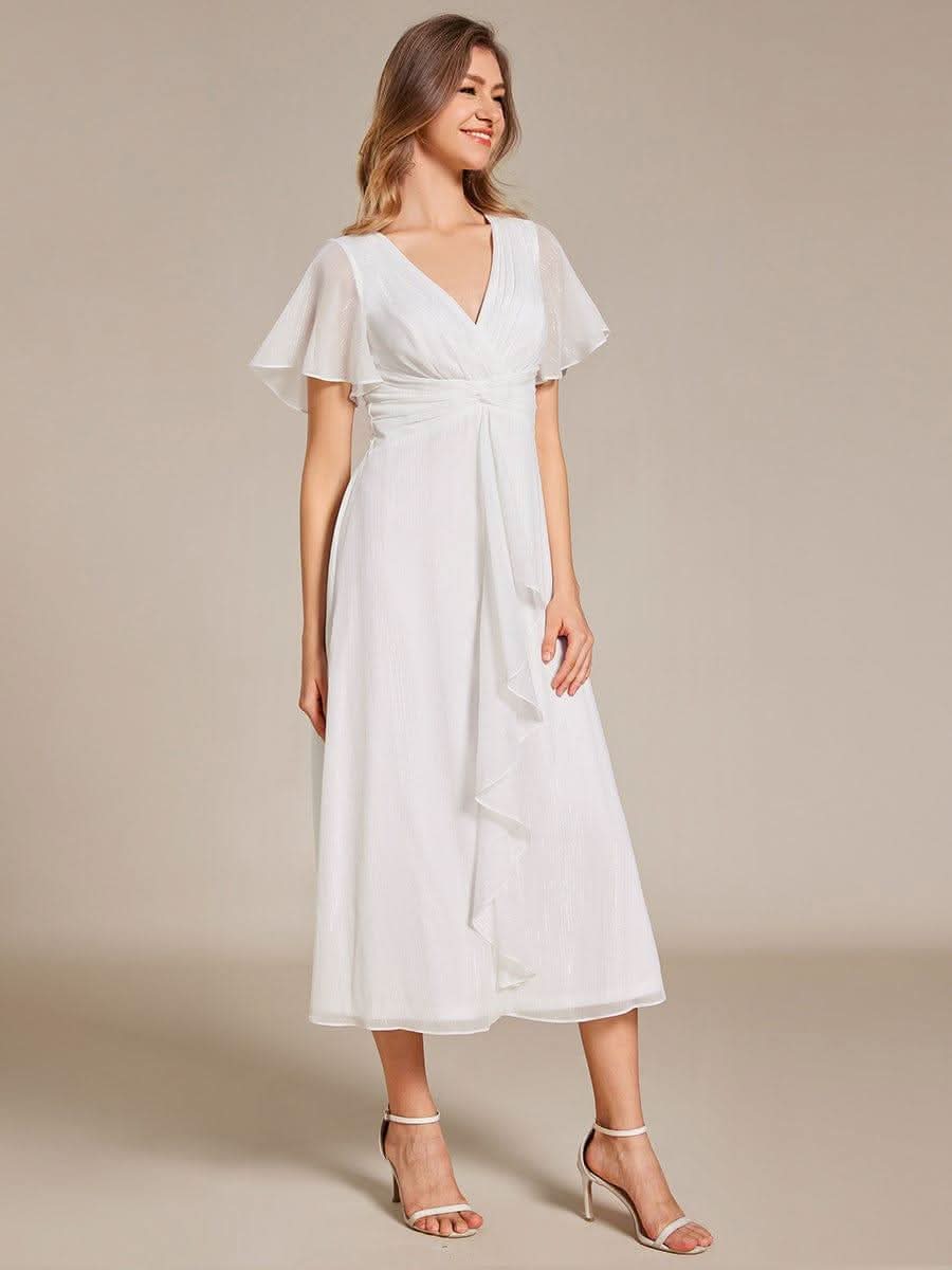 Silver Metallic Fabric V-Neck A-Line Dress featuring Delicate Ruffled Hem #color_Cream