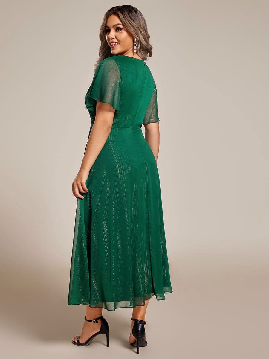 Silver Metallic Fabric V-Neck A-Line Dress featuring Delicate Ruffled Hem #color_Dark Green