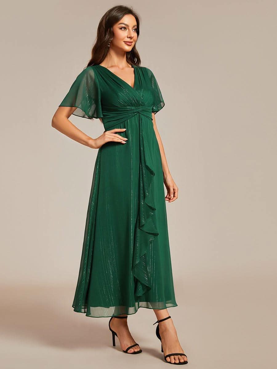 Silver Metallic Fabric V-Neck A-Line Dress featuring Delicate Ruffled Hem #color_Dark Green
