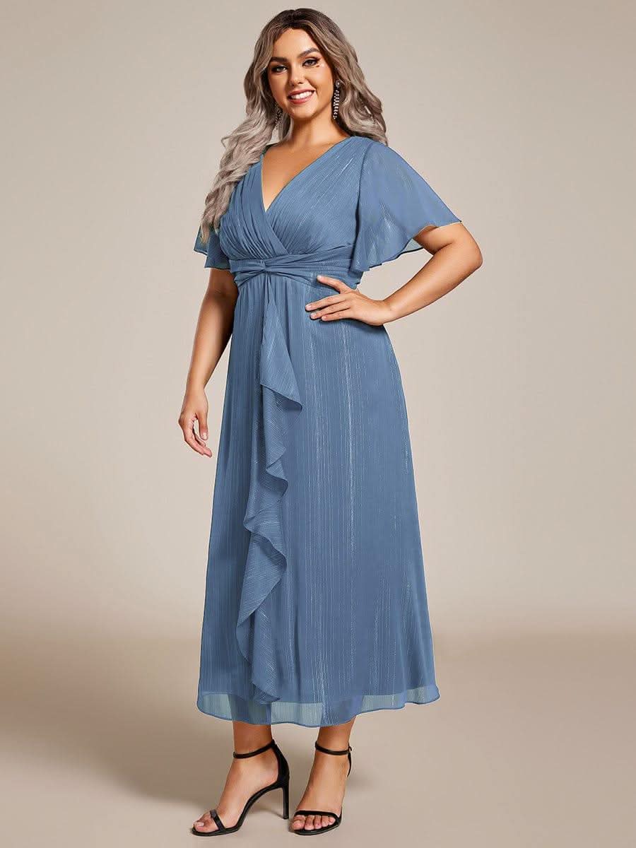 Silver Metallic Fabric V-Neck A-Line Dress featuring Delicate Ruffled Hem #color_Dusty Blue