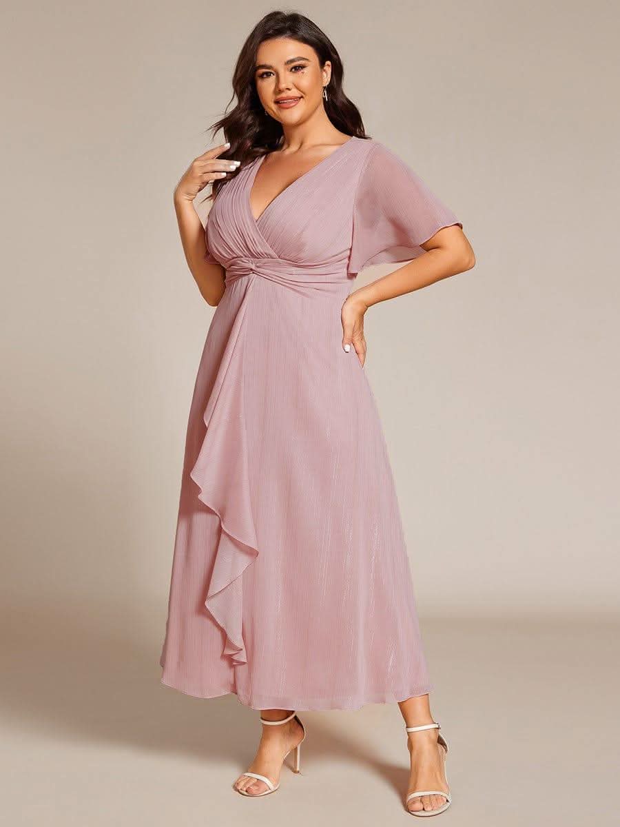 Silver Metallic Fabric V-Neck A-Line Dress featuring Delicate Ruffled Hem #color_Dusty Rose
