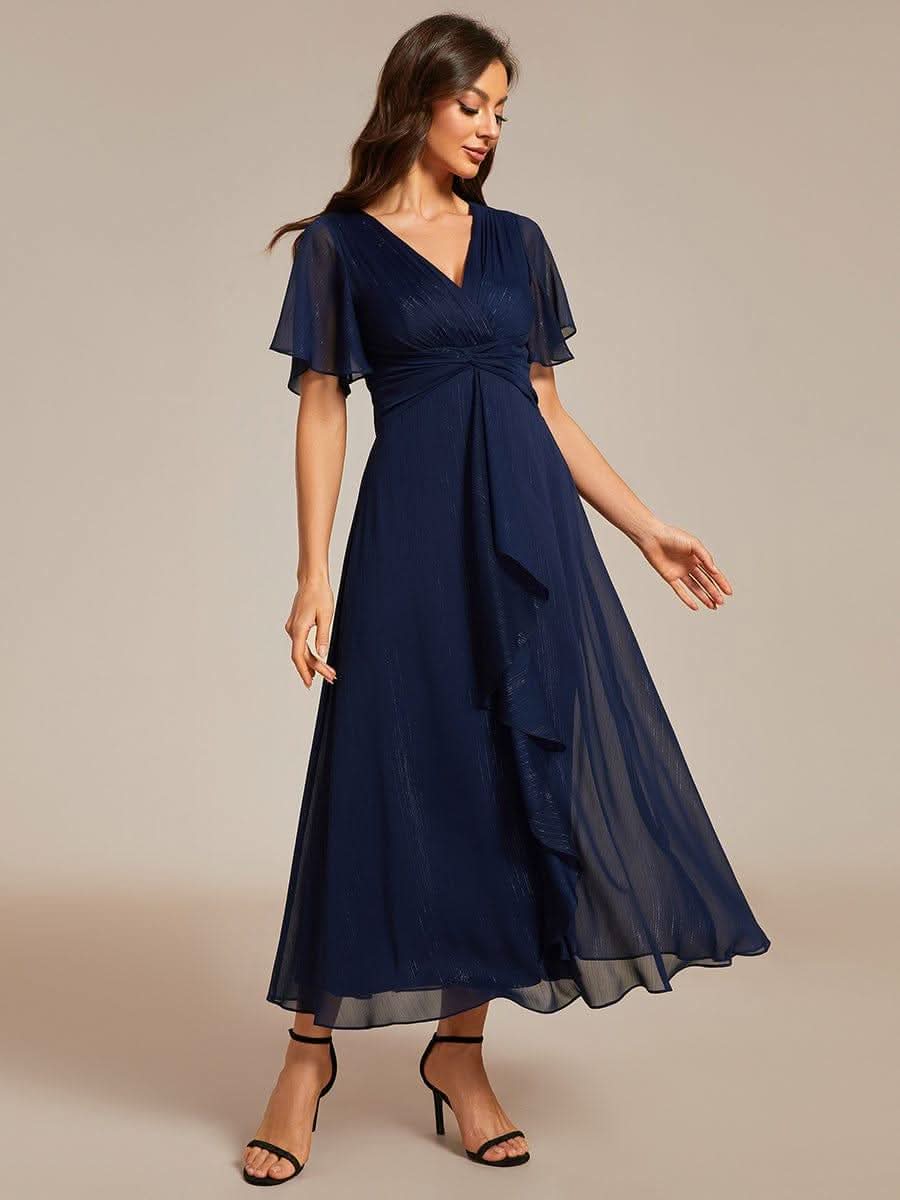 Glitter Twist Knot See-Through Long Sleeve Wedding Guest Dress #color_Navy Blue