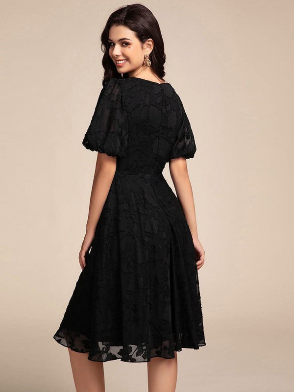 Puff Sleeve V-Neck Midi Wedding Guest Dress #color_Black ever DANI|Puff Sleeve V-Neck Midi Wedding Guest Dress