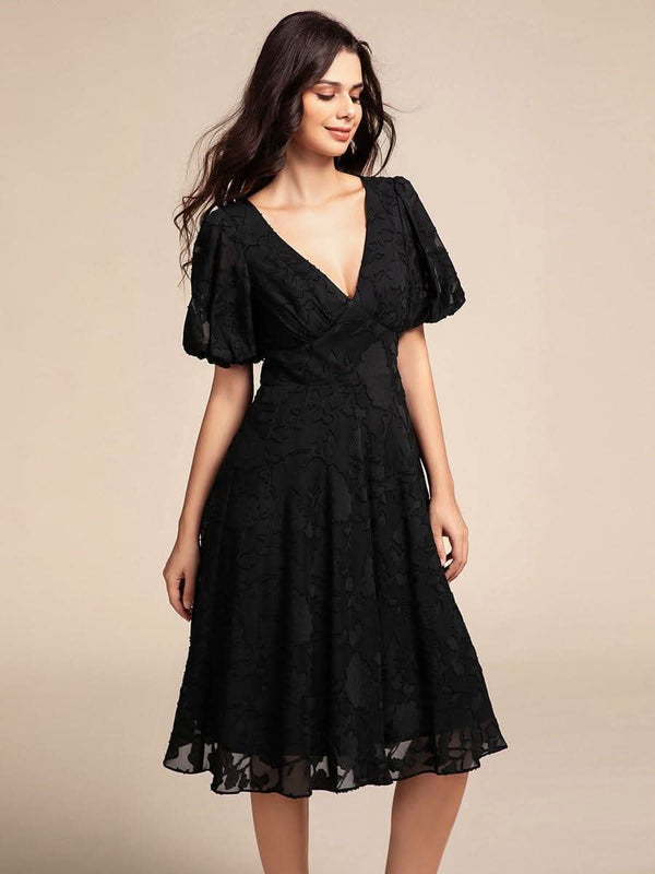 Puff Sleeve V-Neck Midi Wedding Guest Dress #color_Black ever DANI|Puff Sleeve V-Neck Midi Wedding Guest Dress