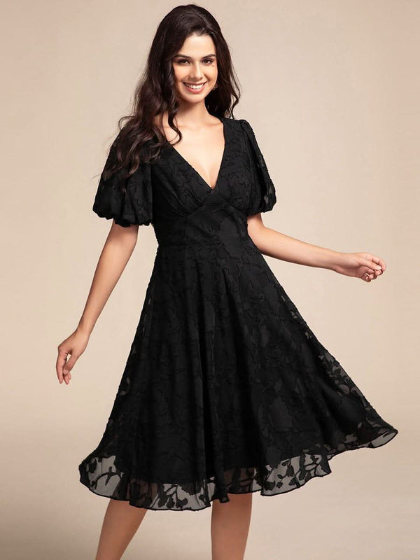 Puff Sleeve V-Neck Midi Wedding Guest Dress #color_Black ever DANI|Puff Sleeve V-Neck Midi Wedding Guest Dress